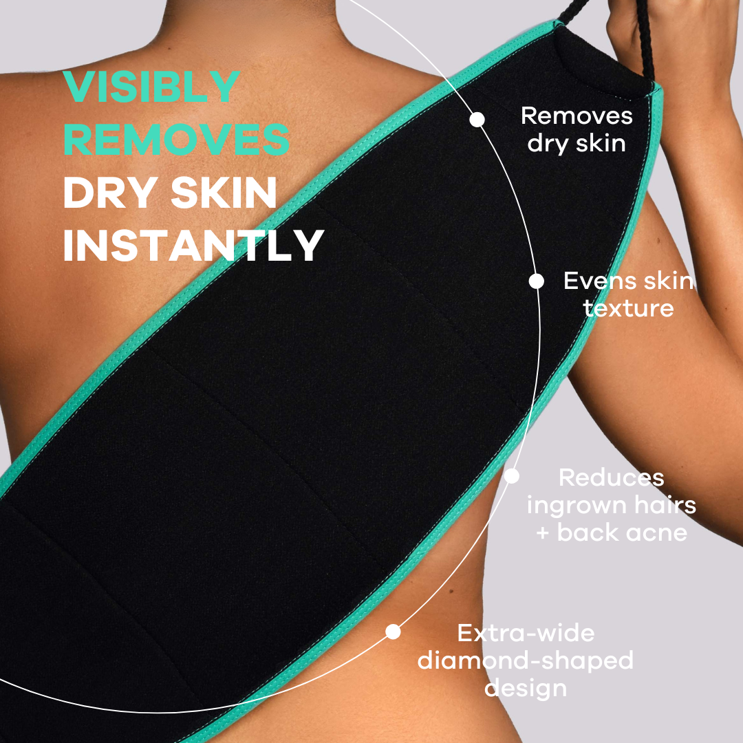 Black diamond-shaped tool with text highlighting its benefits on a person's back.