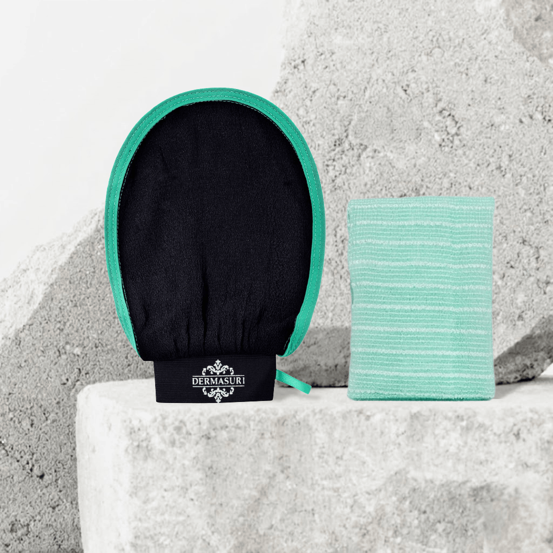 Bundle of the Japanese exfoliating shower towel and the Dermasuri exfoliating body scrub glove.