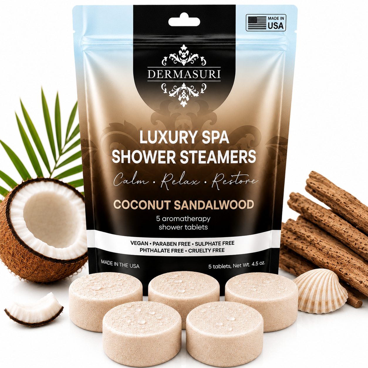 coconut sandalwood shower steamers, aromatherapy shower steamers, shower bombs for women, spa shower tablets, self care gifts for women, relaxing shower steamers, luxury shower steamers, shower aromatherapy tablets, spa gifts for women, vegan shower steamers, shower melts aromatherapy, sandalwood shower steamers