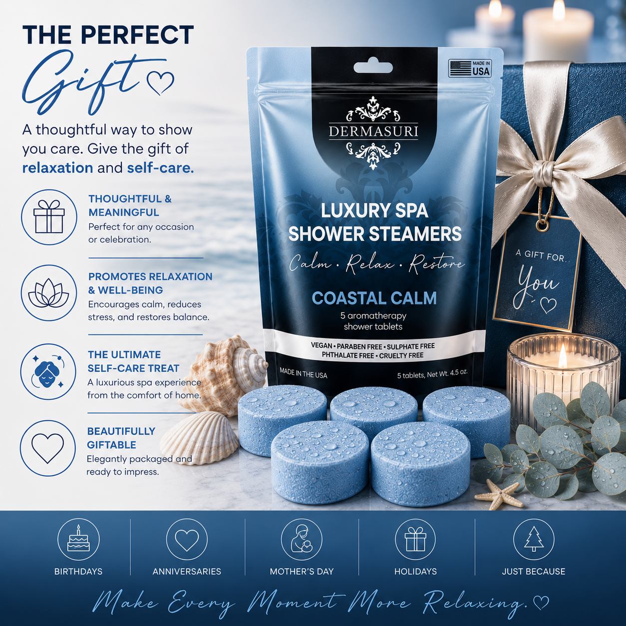 coastal shower steamers, ocean inspired shower steamers, aromatherapy shower bombs, relaxing shower steamers, spa shower tablets, self care shower products, luxury shower steamers, shower melts for women, vegan shower steamers, clean scent shower steamers, spa gifts for women