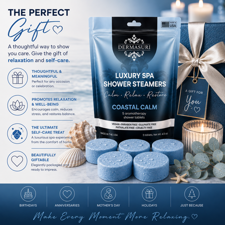 coastal shower steamers, ocean inspired shower steamers, aromatherapy shower bombs, relaxing shower steamers, spa shower tablets, self care shower products, luxury shower steamers, shower melts for women, vegan shower steamers, clean scent shower steamers, spa gifts for women