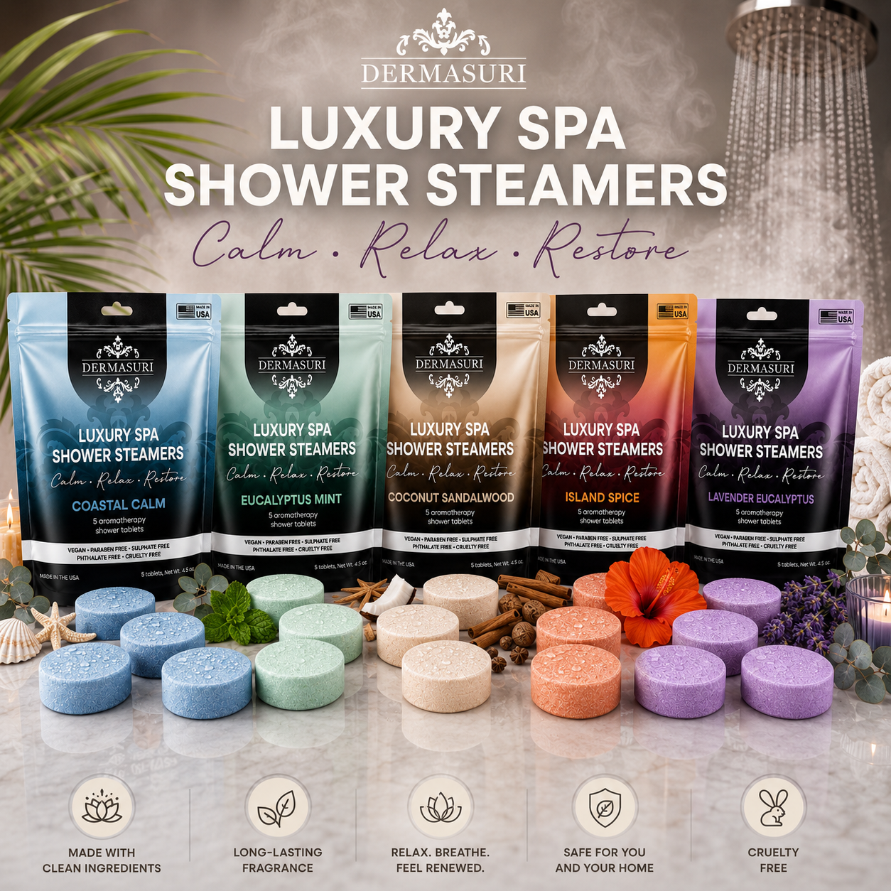 lavender eucalyptus shower steamers, shower steamers for stress relief, aromatherapy shower bombs, spa shower tablets, relaxing shower steamers, shower melts for women, self care gifts, eucalyptus shower steamers, lavender shower steamers, vegan shower steamers