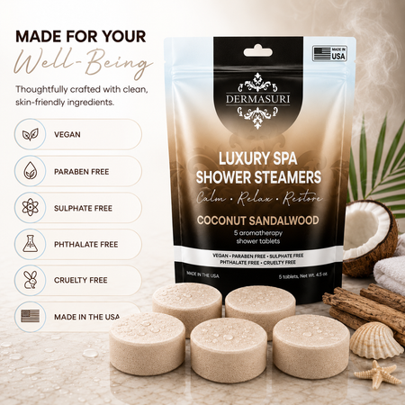 coconut sandalwood shower steamers, aromatherapy shower steamers, shower bombs for women, spa shower tablets, self care gifts for women, relaxing shower steamers, luxury shower steamers, shower aromatherapy tablets, spa gifts for women, vegan shower steamers, shower melts aromatherapy, sandalwood shower steamers