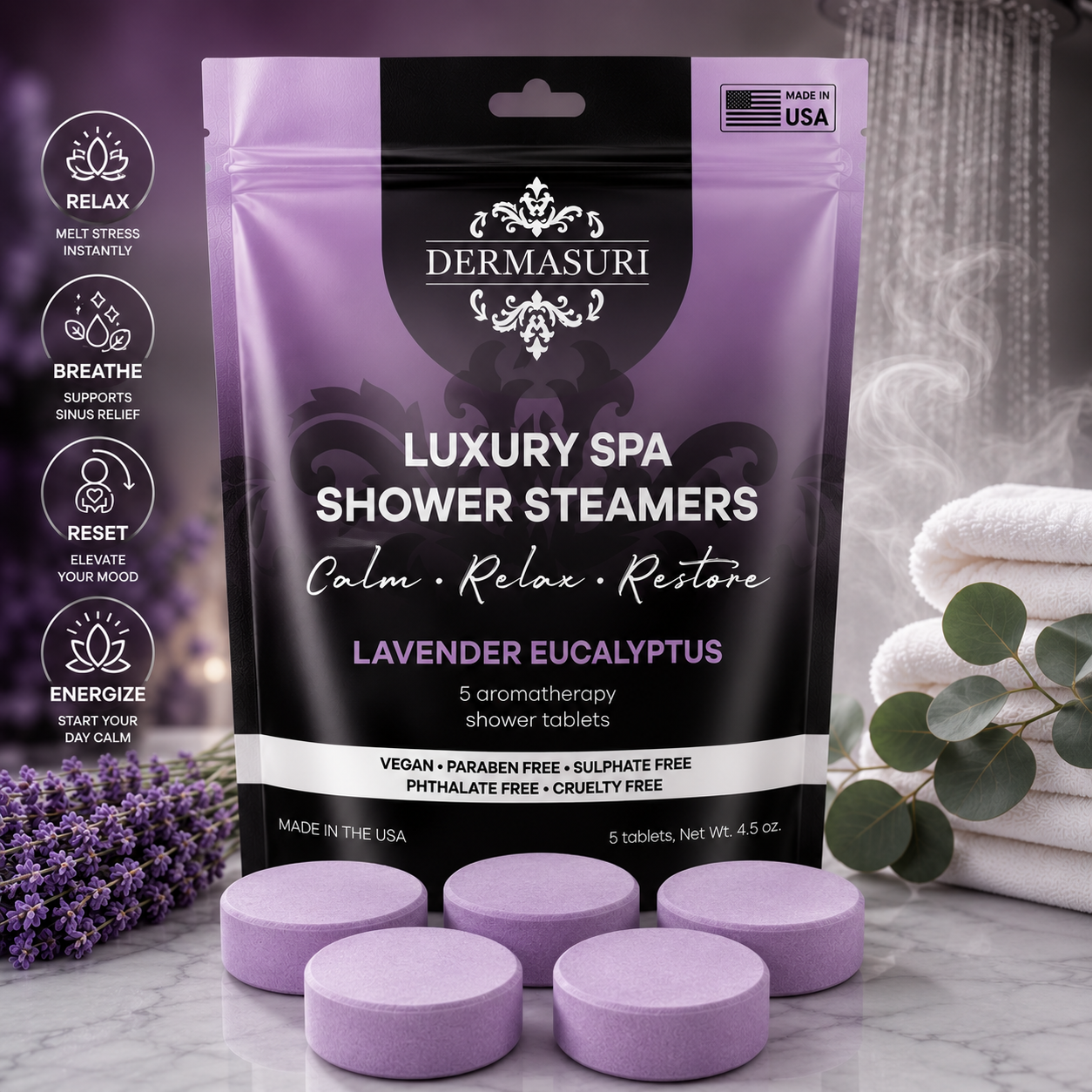 lavender eucalyptus shower steamers, shower steamers for stress relief, aromatherapy shower bombs, spa shower tablets, relaxing shower steamers, shower melts for women, self care gifts, eucalyptus shower steamers, lavender shower steamers, vegan shower steamers