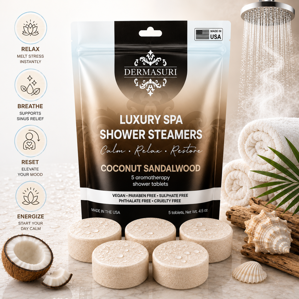 coconut sandalwood shower steamers, aromatherapy shower steamers, shower bombs for women, spa shower tablets, self care gifts for women, relaxing shower steamers, luxury shower steamers, shower aromatherapy tablets, spa gifts for women, vegan shower steamers, shower melts aromatherapy, sandalwood shower steamers