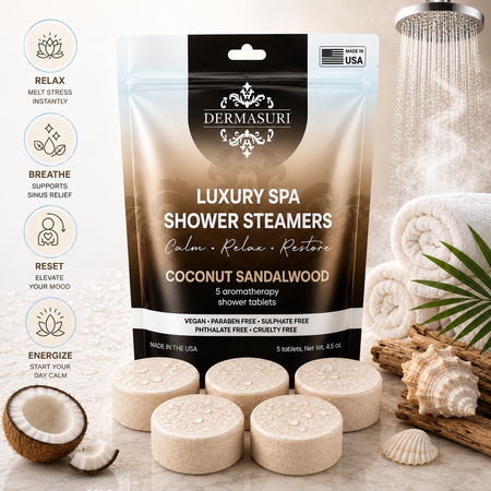 coconut sandalwood shower steamers, aromatherapy shower steamers, shower bombs for women, spa shower tablets, self care gifts for women, relaxing shower steamers, luxury shower steamers, shower aromatherapy tablets, spa gifts for women, vegan shower steamers, shower melts aromatherapy, sandalwood shower steamers