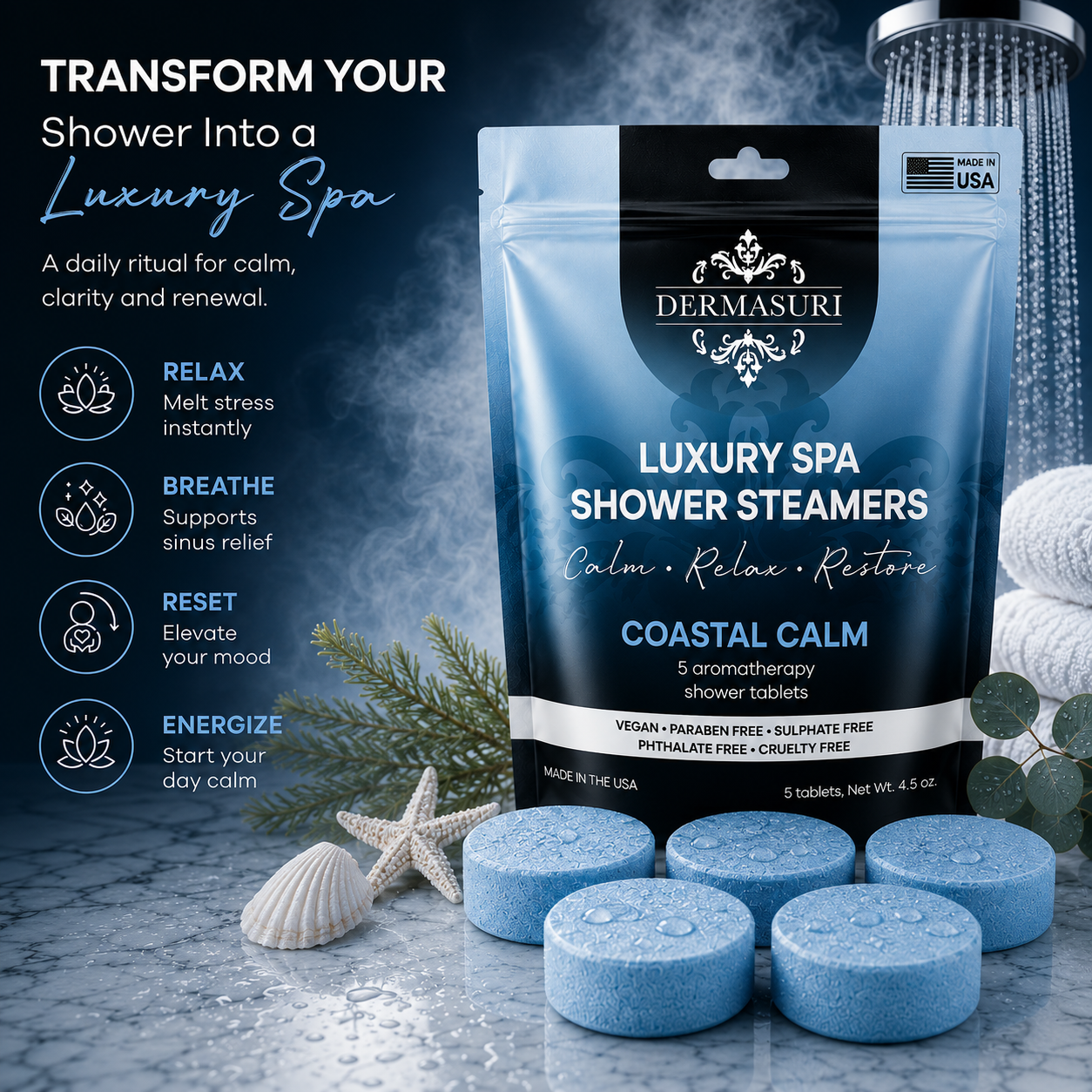 coastal shower steamers, ocean inspired shower steamers, aromatherapy shower bombs, relaxing shower steamers, spa shower tablets, self care shower products, luxury shower steamers, shower melts for women, vegan shower steamers, clean scent shower steamers, spa gifts for women