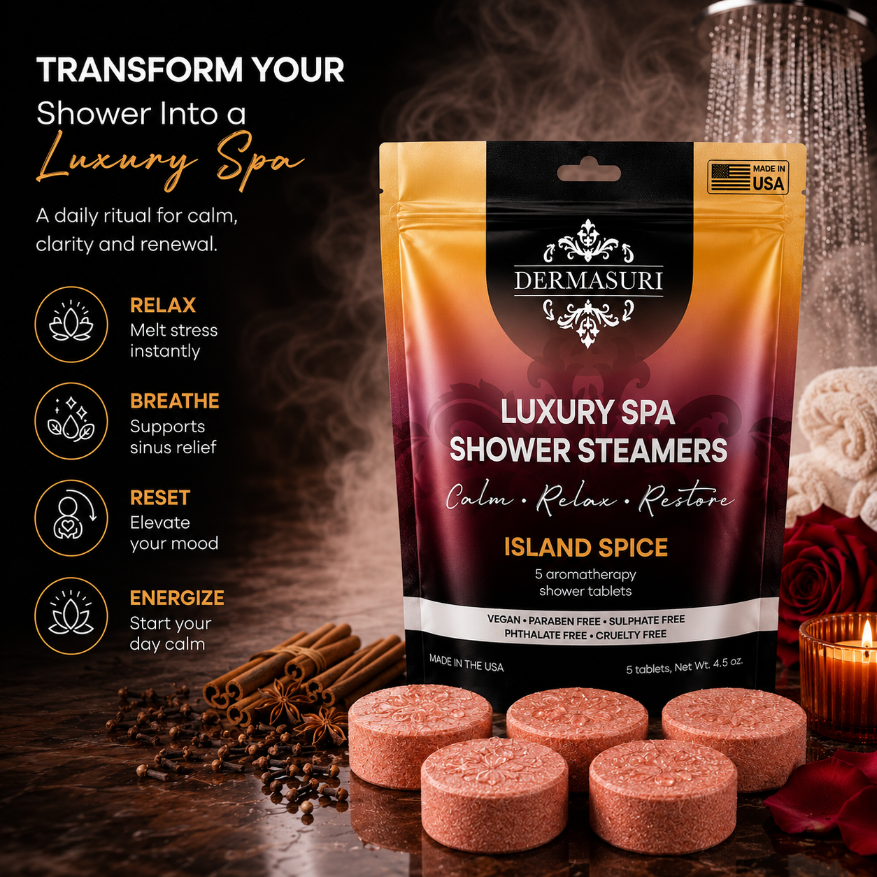 tropical shower steamers, island spice shower steamers, aromatherapy shower bombs, spa shower tablets, shower melts for women, self care gifts, luxury shower steamers, vegan shower steamers, tropical spa shower products