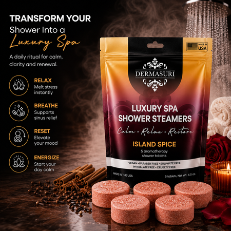 tropical shower steamers, island spice shower steamers, aromatherapy shower bombs, spa shower tablets, shower melts for women, self care gifts, luxury shower steamers, vegan shower steamers, tropical spa shower products