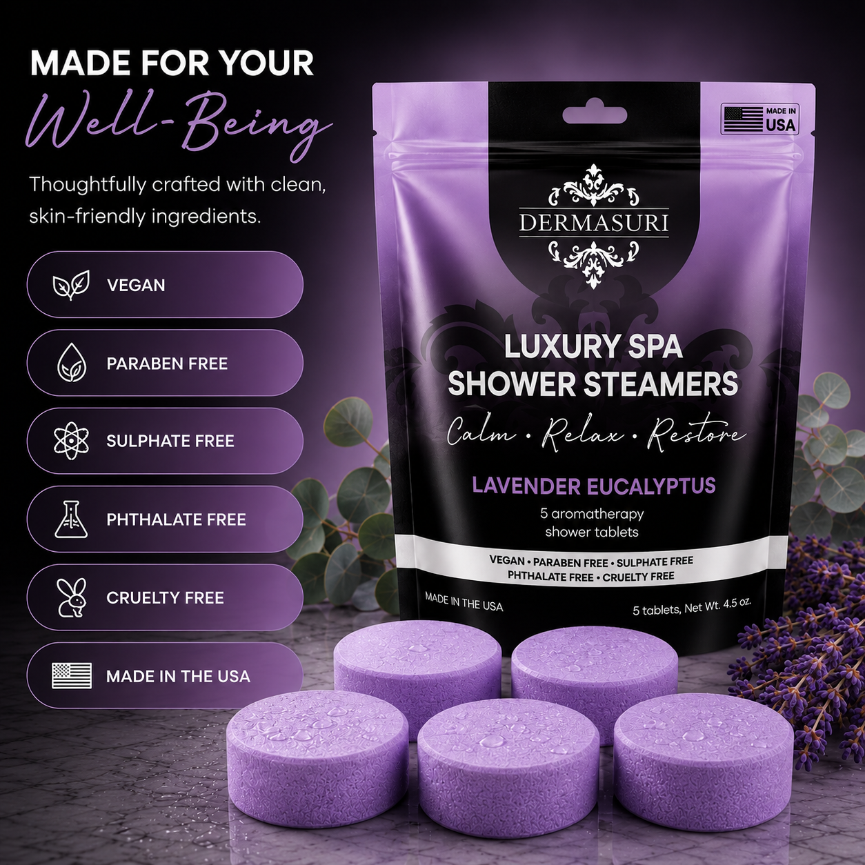 lavender eucalyptus shower steamers, shower steamers for stress relief, aromatherapy shower bombs, spa shower tablets, relaxing shower steamers, shower melts for women, self care gifts, eucalyptus shower steamers, lavender shower steamers, vegan shower steamers
