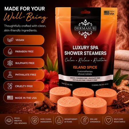 tropical shower steamers, island spice shower steamers, aromatherapy shower bombs, spa shower tablets, shower melts for women, self care gifts, luxury shower steamers, vegan shower steamers, tropical spa shower products